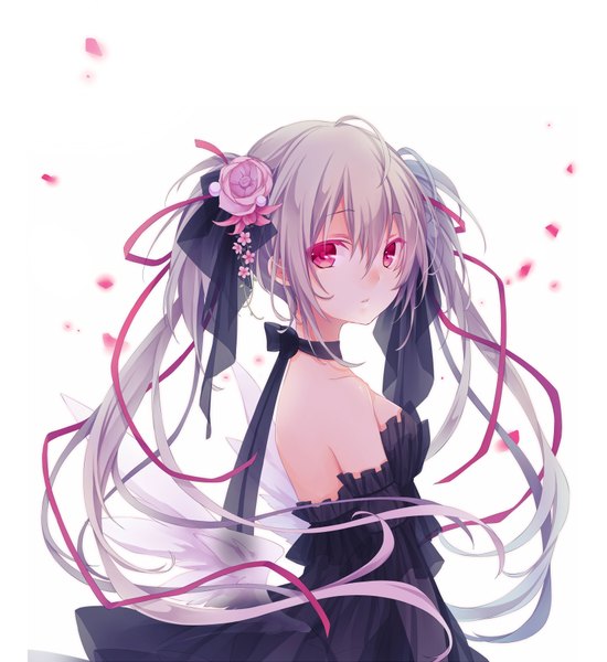 Anime picture 1650x1800 with original kuroi (liar-player) single long hair tall image looking at viewer fringe simple background hair between eyes red eyes white background twintails bare shoulders upper body ahoge looking back hair flower grey hair girl dress