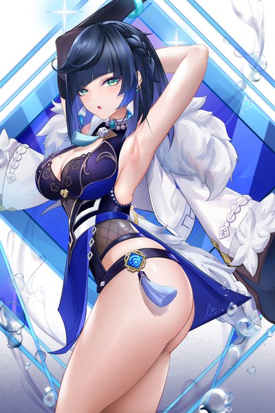 Anime picture 4000x6000 with genshin impact yelan (genshin impact) liu liaoliao single tall image looking at viewer blush highres breasts open mouth light erotic black hair large breasts standing signed absurdres cleavage ass braid (braids) multicolored hair