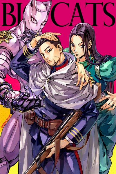 Anime picture 660x990 with jojo no kimyou na bouken hunter x hunter golden kamuy illumi zoldyck killer queen ogata hyakunosuke zzyzzyy long hair tall image looking at viewer short hair black hair signed black eyes multiple boys hand on hip text scar pink background hand on head