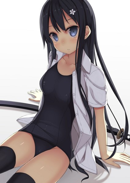 Anime picture 752x1062 with original samegami single long hair tall image looking at viewer blue eyes light erotic black hair simple background white background open clothes open shirt girl thighhighs hair ornament weapon black thighhighs swimsuit shirt