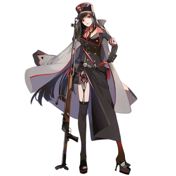 Anime picture 1024x1024 with girls frontline pzb39 (girls frontline) nineo single black hair red eyes very long hair head tilt official art high heels hand on hip side slit transparent background clothes on shoulders military girl thighhighs uniform weapon black thighhighs