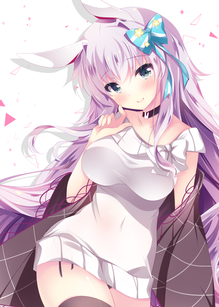 Anime picture 648x906 with original ichiyou moka single long hair tall image looking at viewer blush fringe breasts light erotic simple background smile large breasts white background animal ears purple hair head tilt grey eyes bunny ears floating hair