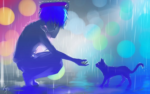 Anime picture 1400x880 with original kayas short hair blue eyes signed blue hair rain squat covering girl animal cat
