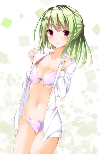 Anime picture 800x1226 with original iori (cpeilad) single long hair tall image looking at viewer blush breasts light erotic smile ponytail pink eyes green hair shiny skin undressing girl navel underwear panties shirt