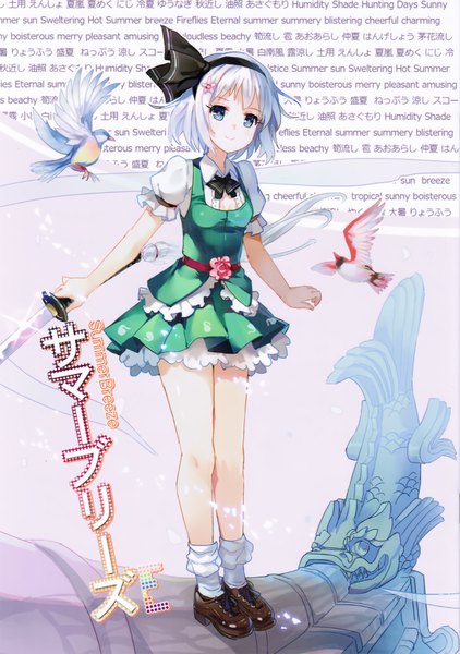Anime picture 1540x2189 with touhou konpaku youmu 77gl single tall image looking at viewer short hair blue eyes smile white hair wind inscription girl skirt bow hair bow animal petals sword socks