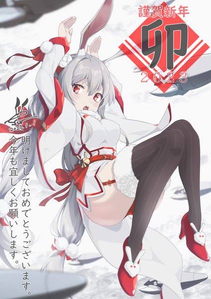 Anime picture 2481x3508 with original raiz art works single tall image looking at viewer fringe highres open mouth light erotic hair between eyes red eyes twintails animal ears bent knee (knees) grey hair arms up bunny ears depth of field low twintails new year