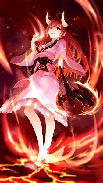 Anime picture 750x1331 with date a live itsuka kotori qifenling liumiao single long hair tall image looking at viewer light erotic red eyes full body ahoge red hair traditional clothes japanese clothes barefoot horn (horns) from below grin outstretched arm magic