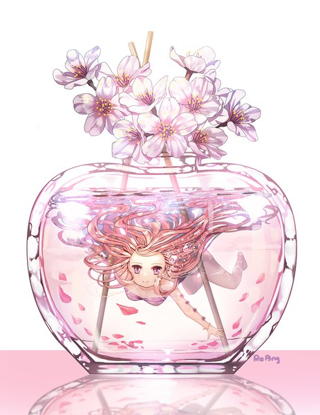 Anime picture 1000x1294 with original roang single long hair tall image looking at viewer simple background white background signed pink hair full body bent knee (knees) pink eyes barefoot reflection underwater minigirl in container girl flower (flowers)