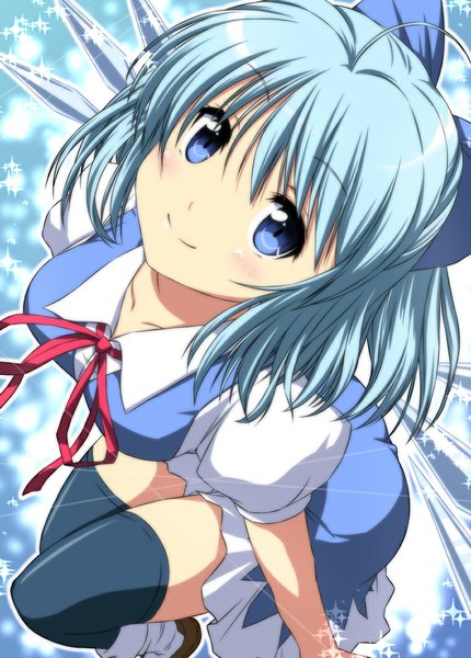 Anime picture 783x1091 with touhou cirno nori tamago single tall image looking at viewer blush short hair blue eyes smile blue hair girl thighhighs dress bow black thighhighs hair bow wings