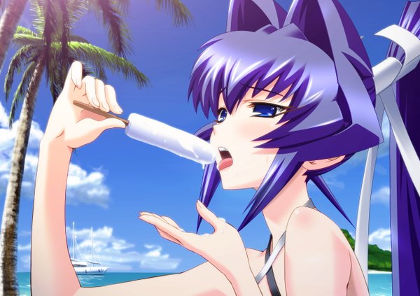 Anime picture 2604x1838 with muv-luv mitsurugi meiya tagme (artist) single long hair highres blue eyes light erotic sky purple hair cloud (clouds) ponytail sexually suggestive girl plant (plants) tree (trees) food sweets ice cream palm tree