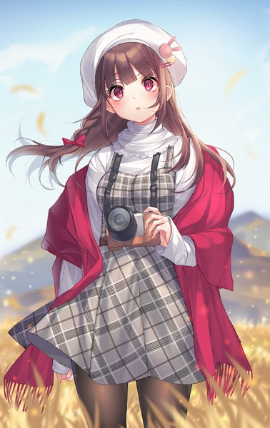 Anime picture 1500x2379 with original kinty single long hair tall image looking at viewer blush fringe red eyes brown hair standing holding sky outdoors braid (braids) parted lips head tilt fingernails wind blurry