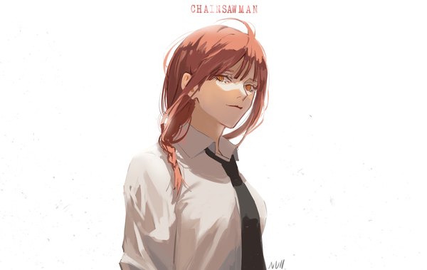 Anime picture 1808x1141 with chainsaw man mappa makima (chainsaw man) null (skev7724) single long hair looking at viewer highres simple background white background upper body ahoge red hair braid (braids) orange eyes copyright name single braid girl shirt necktie