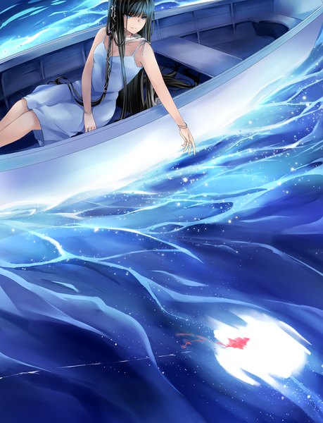 Anime picture 1024x1339 with original raeinni single long hair tall image blue eyes black hair reflection girl dress water moon sundress fish (fishes) watercraft boat