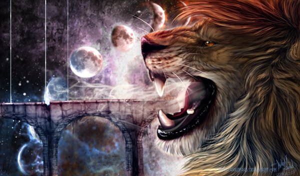 Anime picture 1700x1000 with tagme (artist) wolfroad (artist) open mouth wide image night wallpaper animal moon planet bridge lion