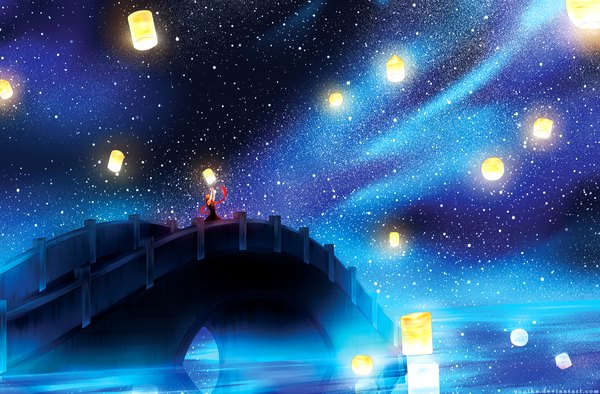 Anime picture 2363x1553 with original yuuike single long hair highres brown hair standing signed night arms up night sky reflection girl dress water scarf black dress star (stars) red scarf bridge