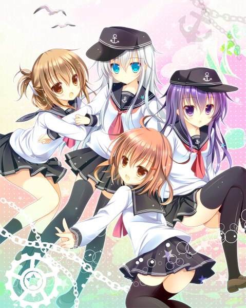 Anime picture 1000x1252 with kantai collection hibiki destroyer akatsuki destroyer inazuma destroyer ikazuchi destroyer shirogane hina long hair tall image looking at viewer open mouth blue eyes brown hair purple eyes multiple girls brown eyes purple hair white hair crossed legs girl thighhighs