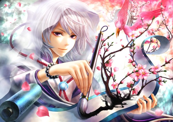 Anime picture 3508x2480 with haru (toyst) single highres purple eyes absurdres white hair cherry blossoms boy flower (flowers) animal petals bracelet bird (birds) jewelry paintbrush calligraphy brush scroll