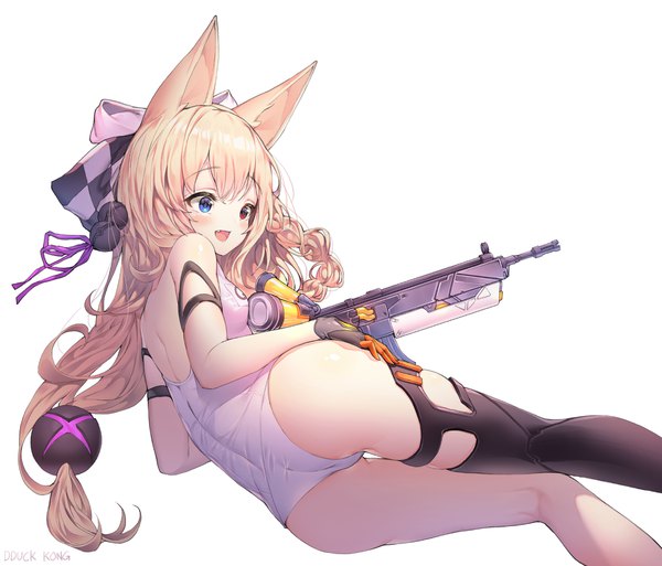 Anime picture 2000x1710 with girls frontline g41 (girls frontline) lee seok ho single long hair blush fringe highres open mouth blue eyes light erotic blonde hair simple background hair between eyes red eyes white background animal ears looking away ass lying