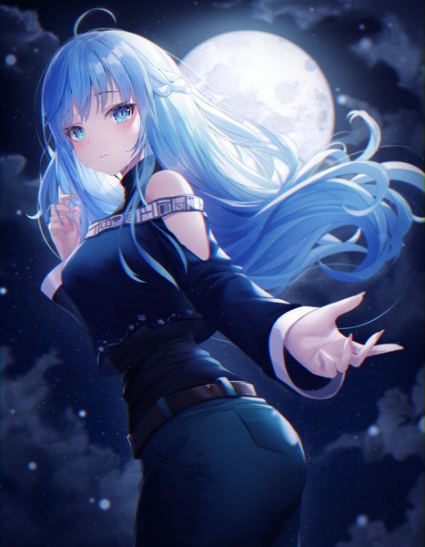 Anime picture 4899x6295 with original kimhu94 single long hair tall image looking at viewer blush fringe highres blue eyes standing blue hair absurdres sky cloud (clouds) outdoors blunt bangs braid (braids) long sleeves nail polish