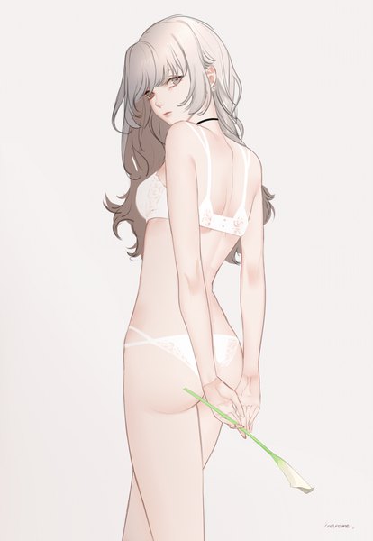 Anime picture 829x1200 with original inanome me single long hair tall image looking at viewer light erotic simple background payot ass looking back grey hair grey background grey eyes underwear only hands behind back girl underwear flower (flowers) panties