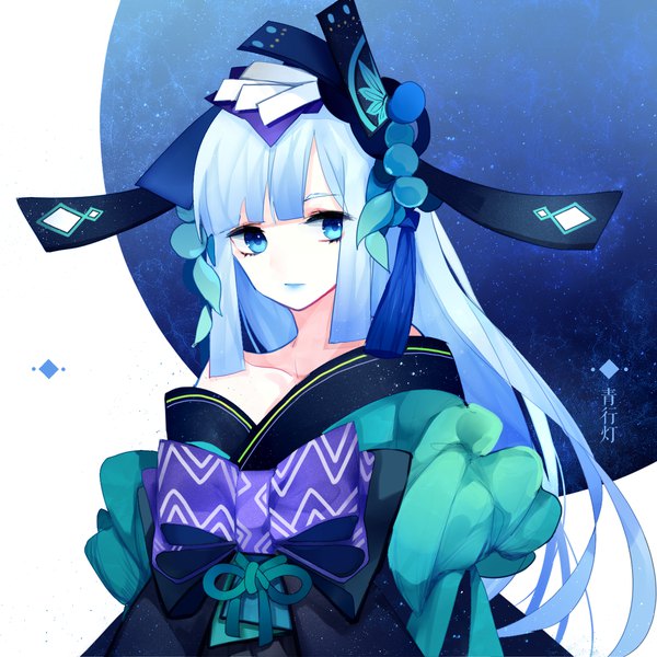 Anime picture 1400x1400 with onmyoji aoandon yu jiu single long hair looking at viewer fringe blue eyes bare shoulders blue hair upper body blunt bangs traditional clothes japanese clothes lips lipstick blue lipstick girl bow headdress
