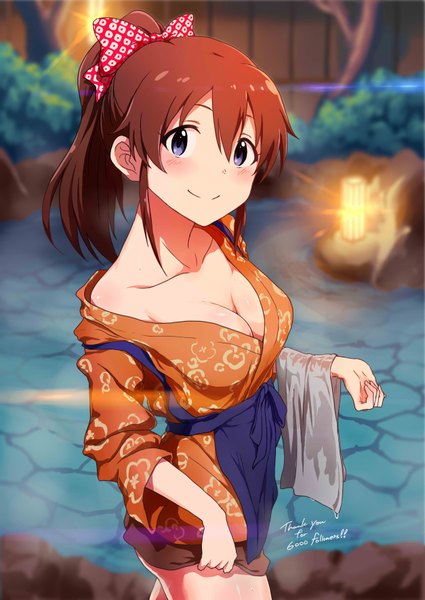 Anime picture 2507x3541 with idolmaster idolmaster million live! satake minako ayano yuu (sonma 1426) single long hair tall image looking at viewer blush fringe highres breasts light erotic smile hair between eyes brown hair standing purple eyes holding outdoors