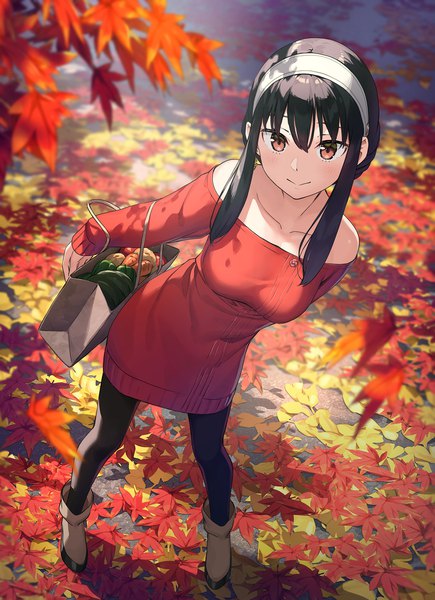 Anime picture 1451x2000 with spy x family yor briar kantoku single long hair tall image looking at viewer blush fringe breasts black hair smile hair between eyes red eyes standing bare shoulders full body outdoors from above blurry