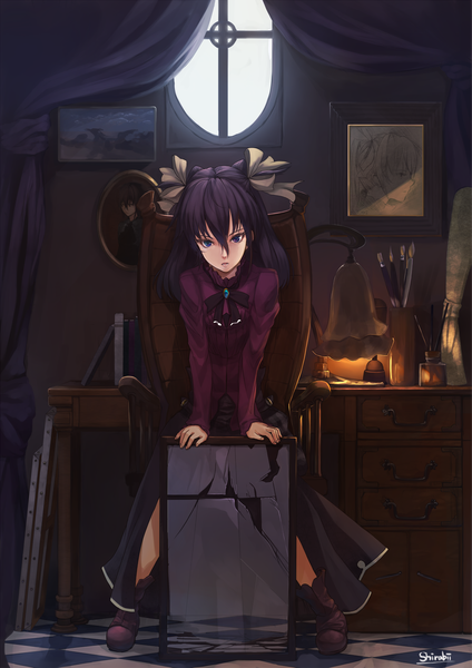Anime picture 1878x2656 with original pixiv festa shirabi single tall image highres blue eyes black hair sitting twintails checkered floor girl dress bow ribbon (ribbons) lantern mirror picture