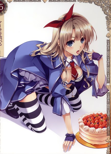 Anime picture 1613x2221 with queen's blade alicia (queen's blade) misaki kurehito single long hair tall image looking at viewer fringe breasts blue eyes light erotic large breasts scan kneeling eating girl thighhighs dress gloves necktie