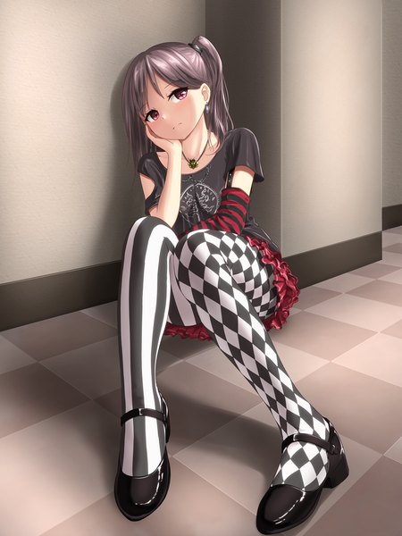 Anime picture 1080x1440 with original minagiku single long hair tall image looking at viewer brown hair sitting purple eyes twintails checkered floor frilly skirt floor checkered girl skirt earrings miniskirt pantyhose shoes