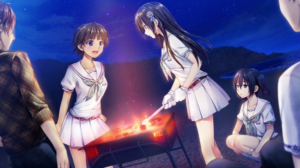 Anime picture 1920x1080 with boku no hitori sensou akabei soft2 inuzuka rumi okabe sayo maewaki shinobu long hair blush highres short hair open mouth blue eyes black hair brown hair wide image sitting multiple girls game cg profile night girl