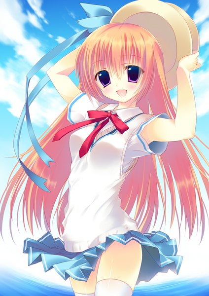 Anime picture 707x1000 with original amanagi seiji single long hair tall image blush open mouth purple eyes pink hair cloud (clouds) girl thighhighs skirt uniform school uniform hat white thighhighs