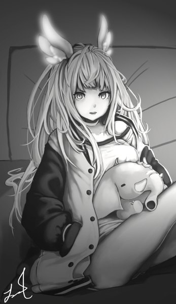 Anime picture 1158x2000 with original kuri choko long hair tall image looking at viewer fringe open mouth sitting bare shoulders signed eyes closed open clothes open jacket bare legs monochrome sleeping hand in pocket head wings sitting on person tusks