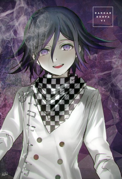 Anime picture 738x1083 with dangan ronpa new danganronpa v3 ouma kokichi kippu single tall image looking at viewer fringe short hair open mouth black hair smile hair between eyes purple eyes signed upper body copyright name gradient hair smoke purple background