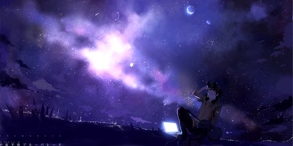 Anime picture 1280x640 with original kaninnvven wide image sky cloud (clouds) night night sky looking up scenic boy star (stars) musical instrument guitar planet laptop binoculars
