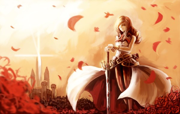 Anime picture 1392x882 with final fantasy final fantasy ix square enix beatrix paseri long hair fringe brown hair brown eyes hair over one eye field girl flower (flowers) petals sword rose (roses) katana castle