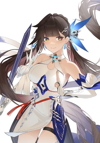 Anime picture 1978x2810 with honkai impact 3rd honkai (series) li sushang li sushang (jade knight) sye- single long hair tall image looking at viewer fringe highres breasts simple background smile brown hair standing white background twintails bare shoulders yellow eyes