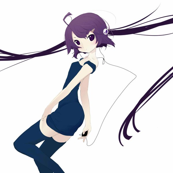 Anime picture 1000x1000 with vocaloid tone rion hikawa takashi single looking at viewer highres short hair purple eyes twintails purple hair zettai ryouiki girl thighhighs dress necktie headphones digital media player