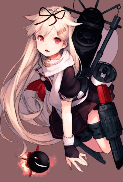 Anime picture 810x1200 with kantai collection yuudachi destroyer junwool single long hair tall image fringe open mouth simple background blonde hair red eyes sitting teeth fang (fangs) brown background remodel (kantai collection) girl gloves hair ornament ribbon (ribbons)