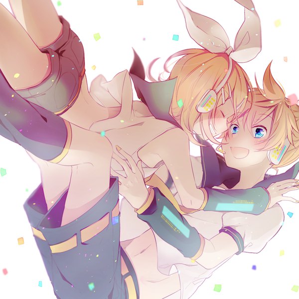 Anime picture 1227x1227 with vocaloid kagamine rin kagamine len asagao minoru blush short hair open mouth blue eyes blonde hair smile white background eyes closed hug grin siblings twins bow hair bow detached sleeves shorts