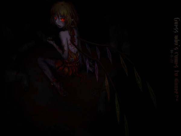 Anime picture 3333x2500 with touhou flandre scarlet goocn single fringe highres short hair open mouth blonde hair red eyes bare shoulders absurdres looking back barefoot pointy ears no shoes glowing glowing eye (eyes) death girl