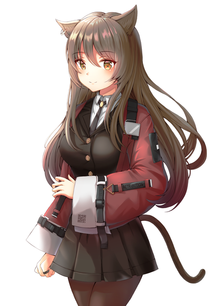 Anime picture 1944x2770 with arknights skyfire (arknights) rino rea single long hair tall image looking at viewer blush fringe highres breasts simple background smile hair between eyes brown hair standing white background holding brown eyes animal ears