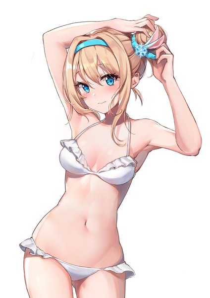 Anime picture 992x1403 with girls frontline suomi kp31 (girls frontline) bada (jksh5056) single tall image looking at viewer blush fringe short hair breasts blue eyes light erotic simple background blonde hair hair between eyes standing white background bare shoulders payot cleavage