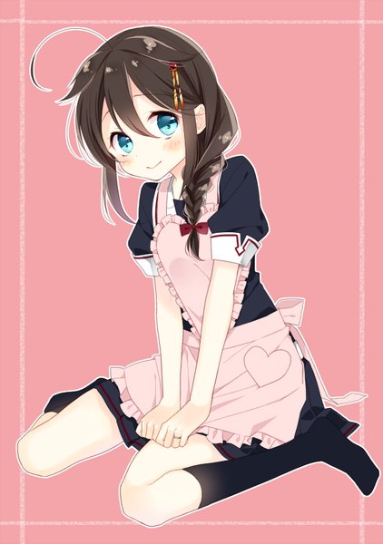 Anime picture 636x904 with kantai collection shigure destroyer naoto (tulip) single long hair tall image blush fringe blue eyes simple background smile hair between eyes brown hair sitting looking away full body ahoge braid (braids) no shoes single braid