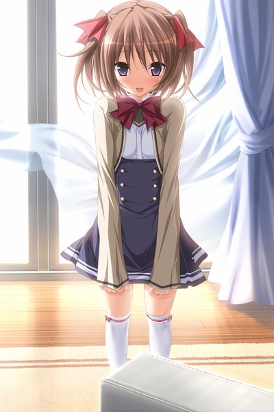 Anime picture 1024x1536 with mirai nostalgia purple software anna (mirai nostalgia) koku tall image short hair brown hair purple eyes game cg loli girl thighhighs white thighhighs serafuku