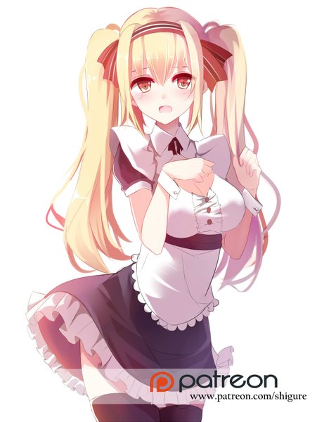 Anime picture 1193x1585 with original shiguru single long hair tall image looking at viewer blush fringe breasts open mouth blonde hair simple background standing white background yellow eyes maid zettai ryouiki girl thighhighs uniform