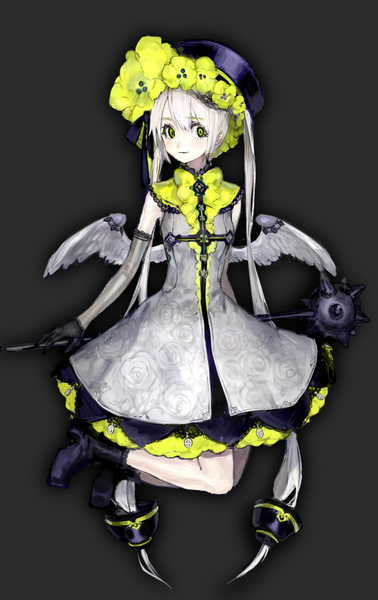 Anime picture 926x1469 with original ozyako single tall image blush fringe simple background hair between eyes twintails green eyes looking away full body bent knee (knees) white hair very long hair light smile black background white wings girl dress