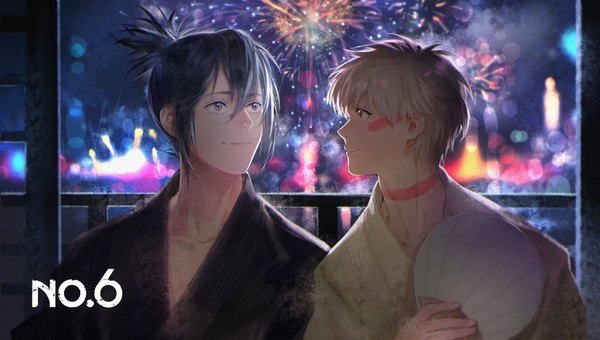 Anime picture 1767x1000 with no.6 studio bones nezumi (no.6) shion (no.6) zxs1103 fringe highres short hair black hair hair between eyes red eyes wide image silver hair upper body ponytail profile black eyes multiple boys copyright name fireworks