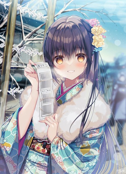 Anime picture 871x1200 with original tanihara natsuki single long hair tall image looking at viewer blush fringe black hair smile hair between eyes holding yellow eyes outdoors traditional clothes japanese clothes grin exhalation new year bare tree