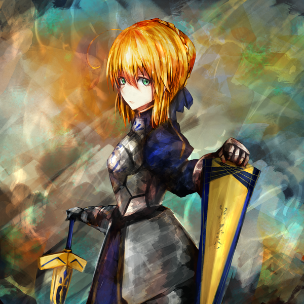 Anime picture 1654x1654 with fate (series) fate/stay night artoria pendragon (all) saber kaze minoru so-ru single fringe short hair blonde hair hair between eyes standing holding looking away ahoge parted lips looking back aqua eyes pale skin girl weapon